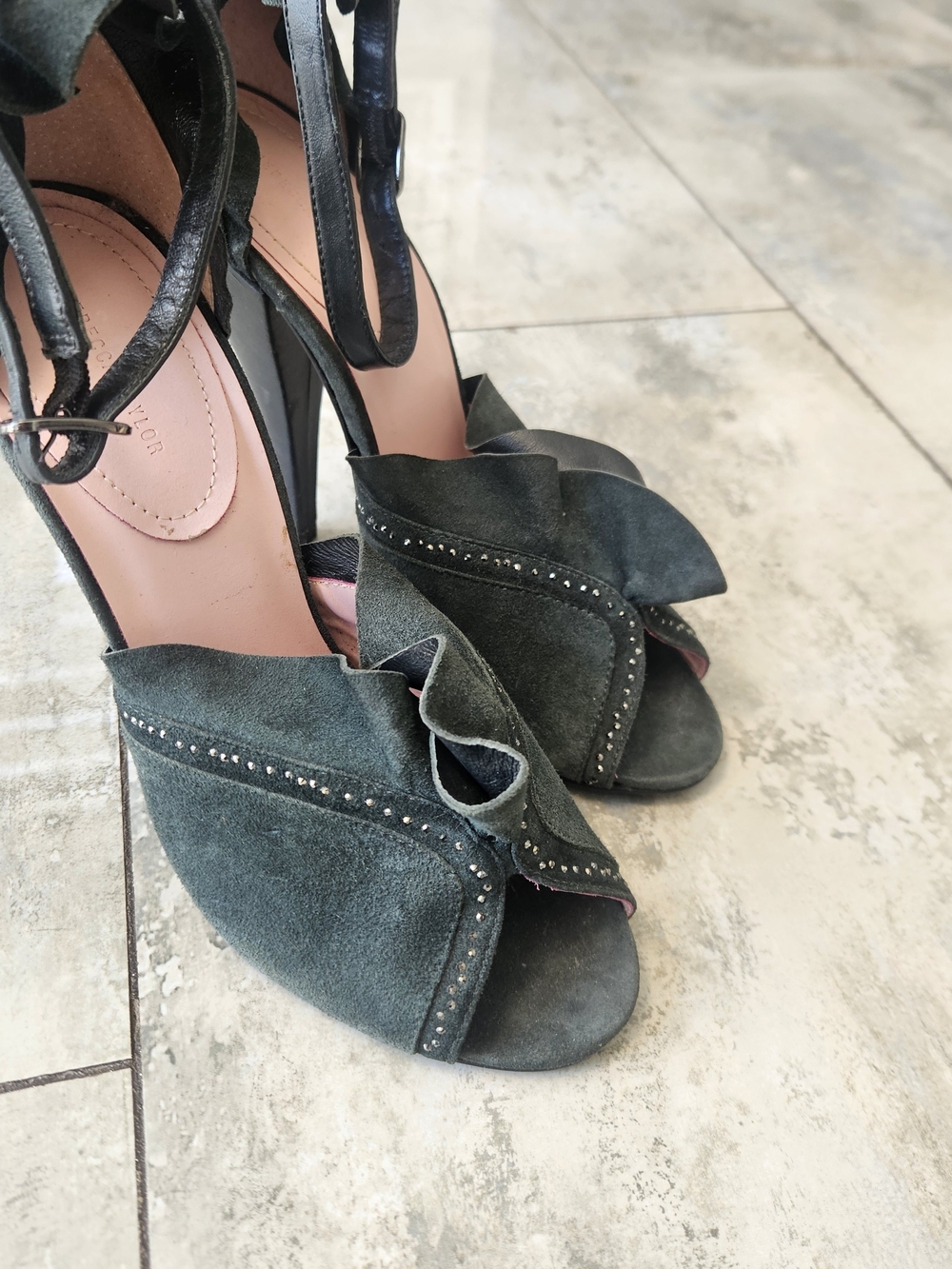 Rebecca Taylor Emerald Green Suede Ruffle Peep-Toe Heels with Stud Detail